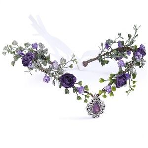 Handmade Purple Floral Goddess Headpiece with Teardrop Pendant